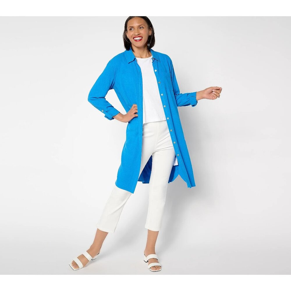 Susan Graver PURE Regular Linen Blend Button Front Duster Size 1X Moto Blue